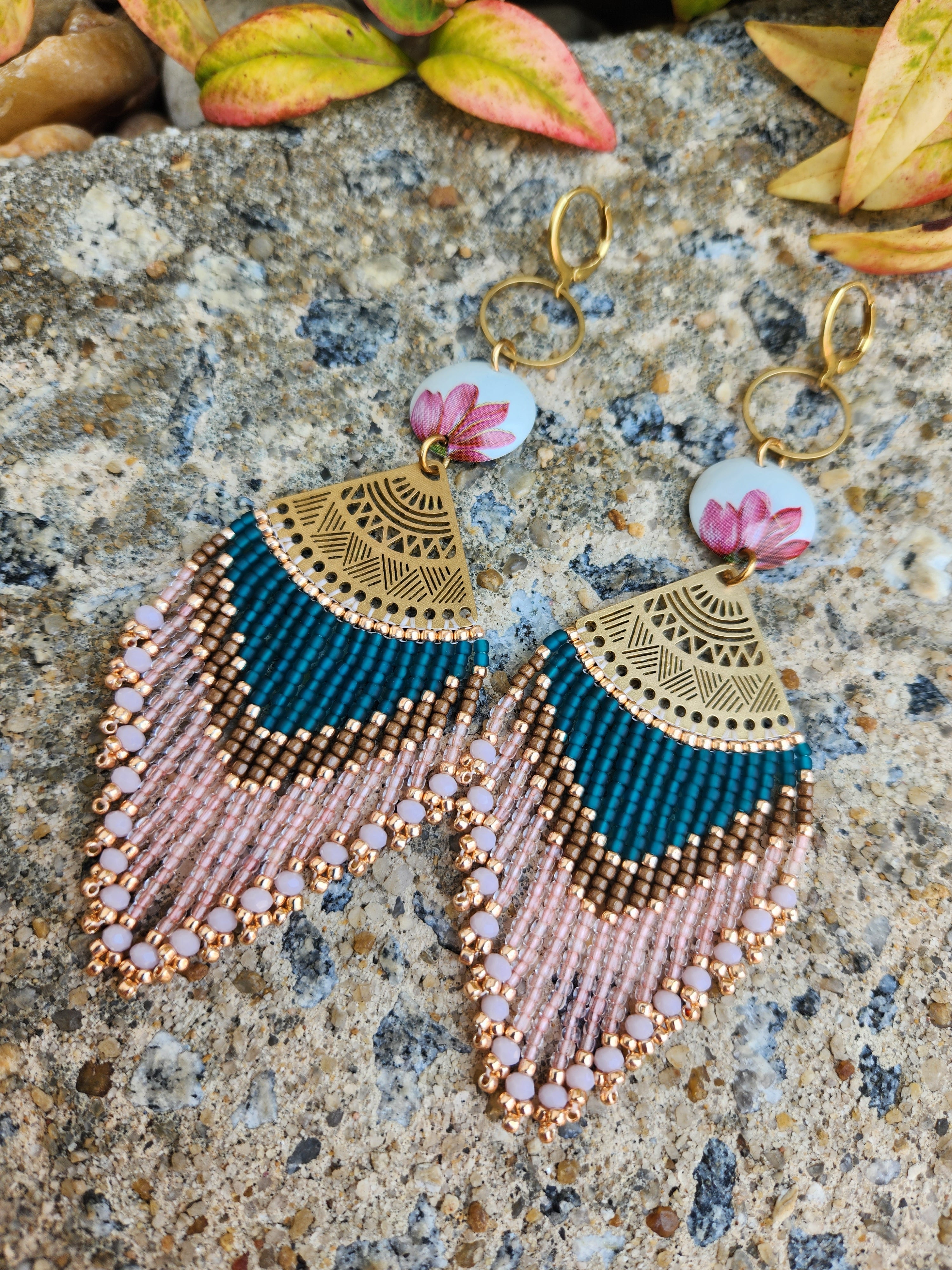 Teal & Pink Beaded Fringe Earrings with Vintage Tin Flowers – Wanderlust  Designs Jewelry