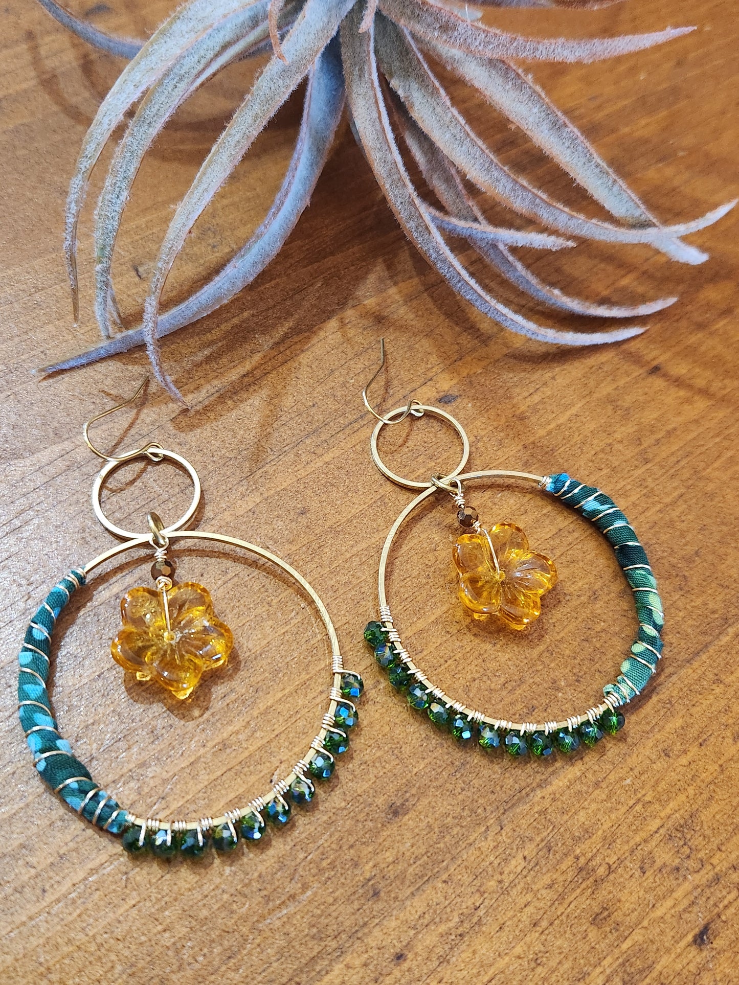Green Hippe Hoops with Amber Flowers