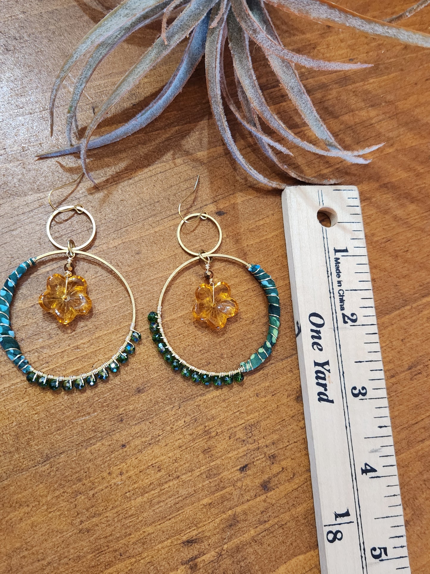 Green Hippe Hoops with Amber Flowers