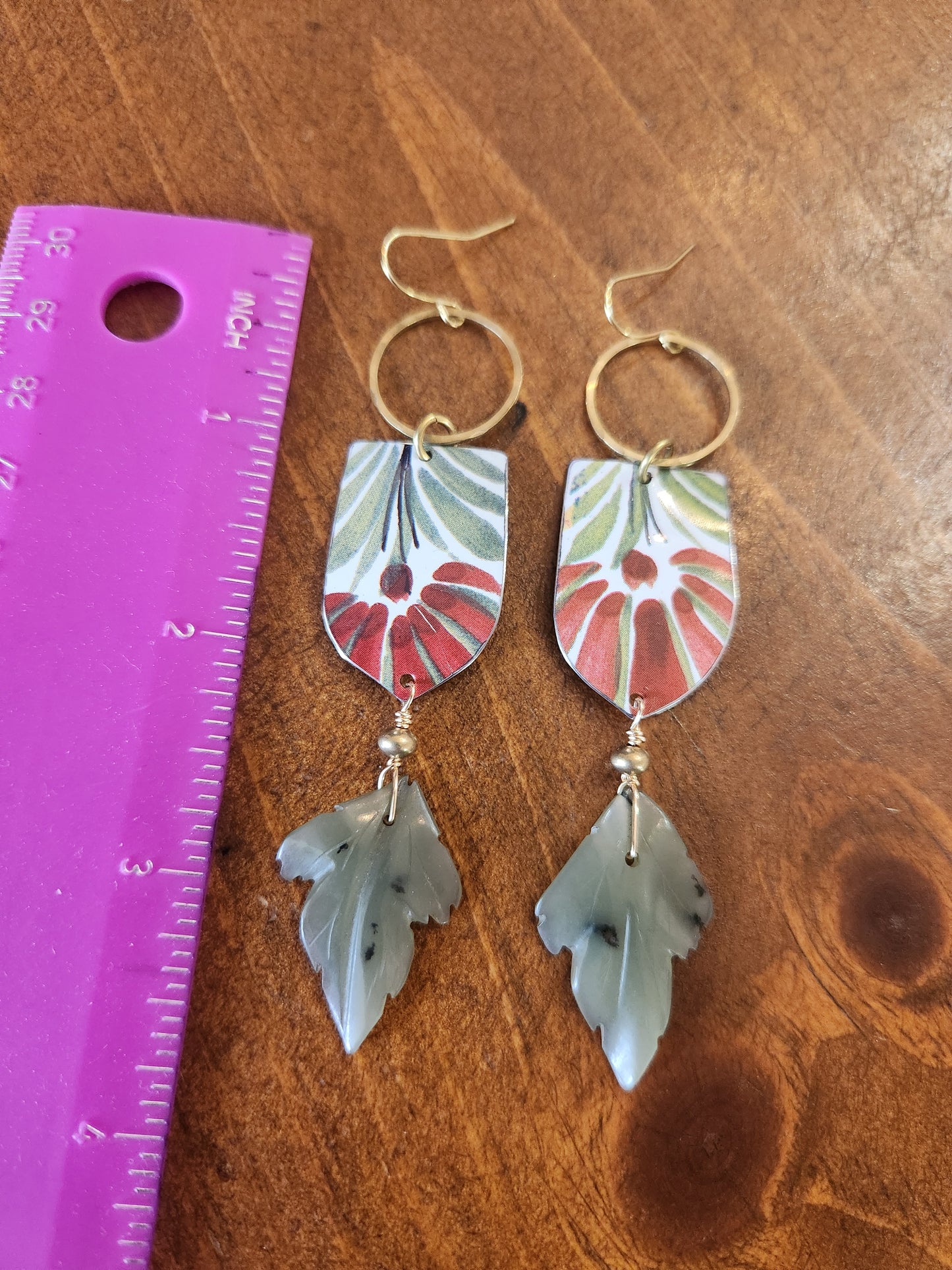 Red Florals with Hand Carved Vintage Jade Leaves