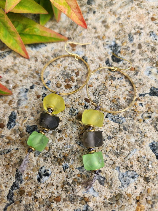 Large Hammered Brass Hoops with Sea Glass
