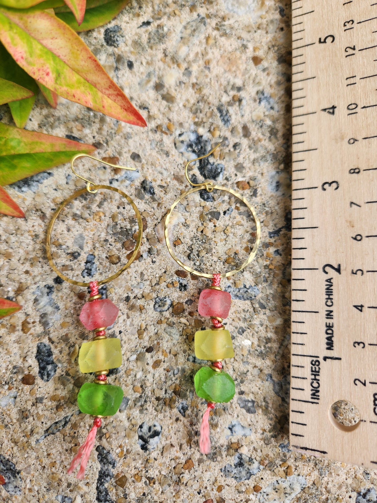 Large Hammered Brass Hoops with Sea Glass