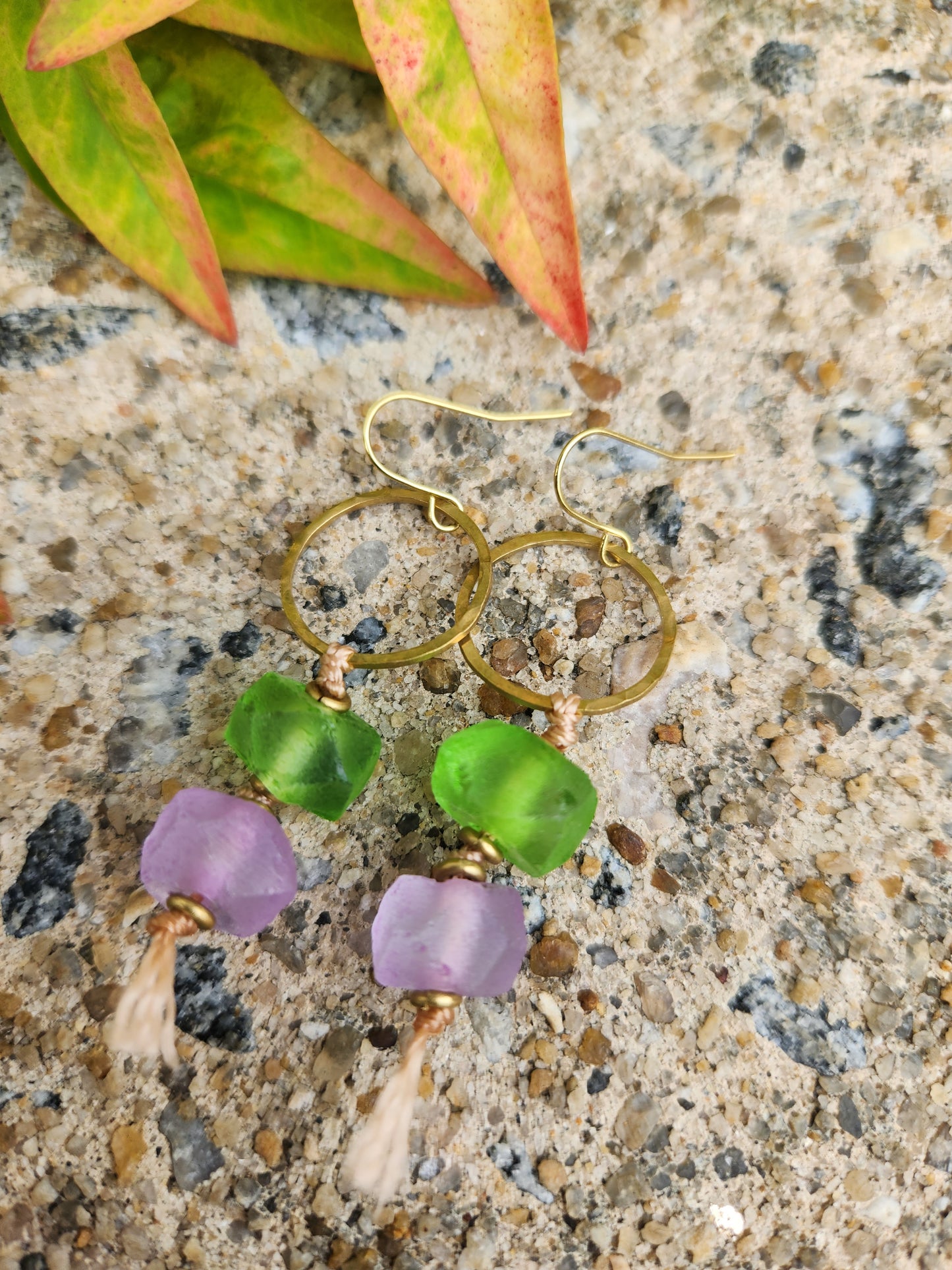 Small Hammered Brass Hoops with Sea Glass