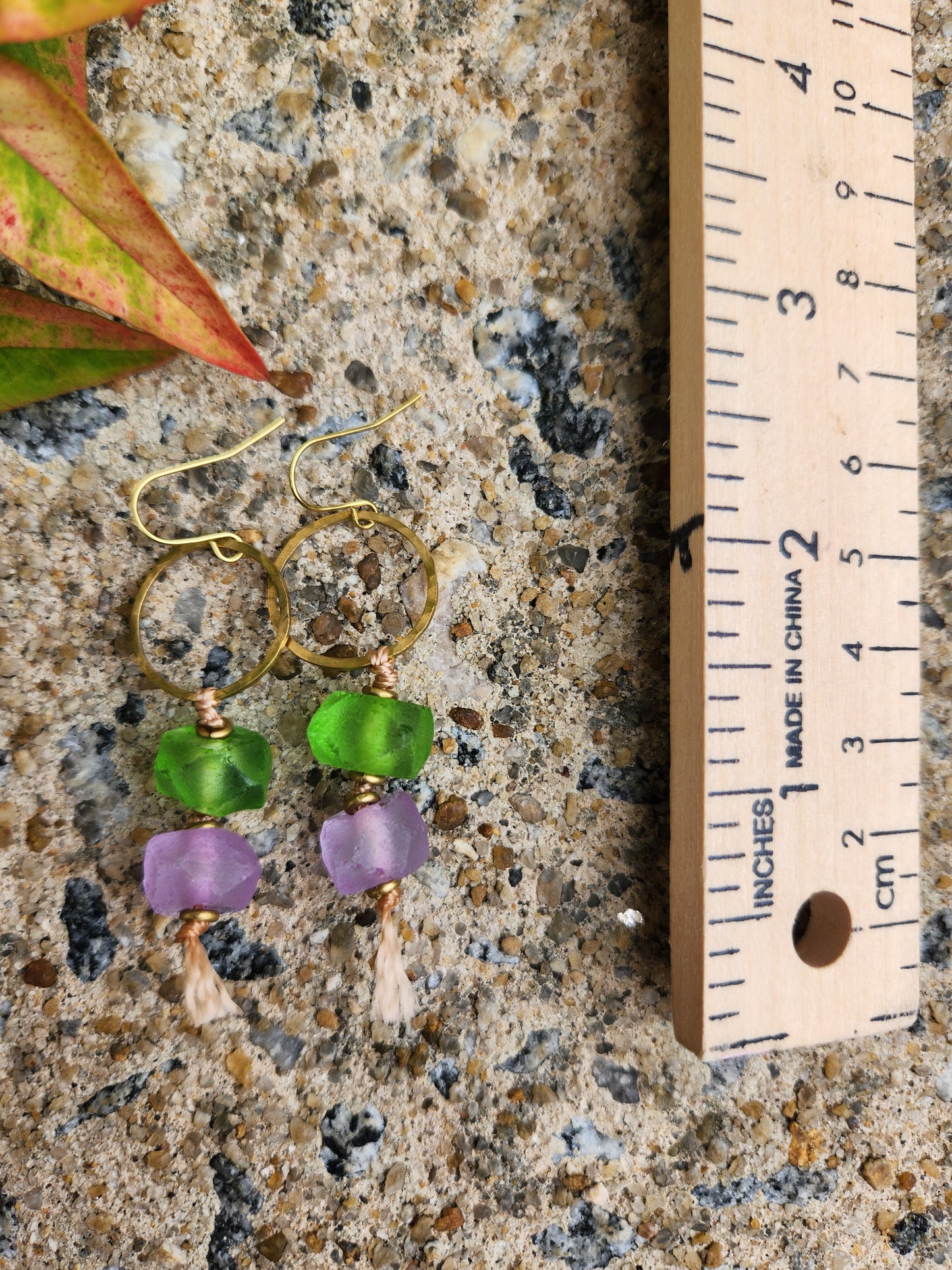 Small Hammered Brass Hoops with Sea Glass