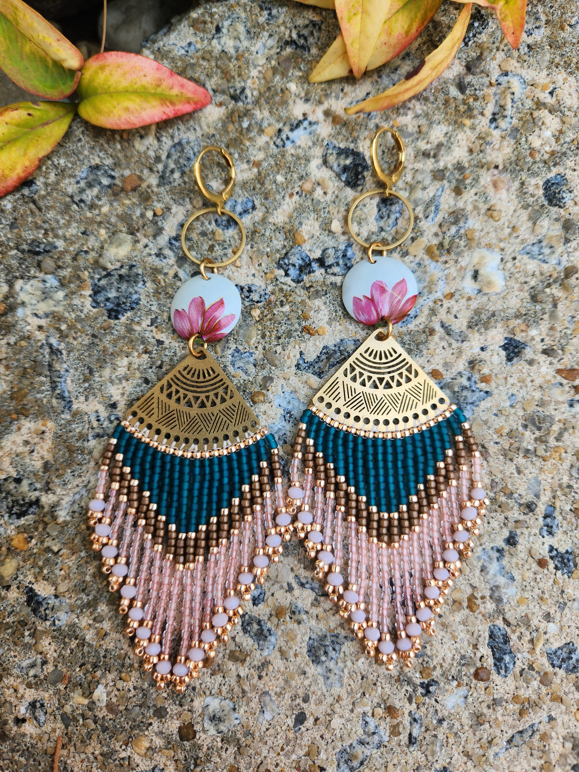 Teal & Pink Beaded Fringe Earrings with Vintage Tin Flowers – Wanderlust  Designs Jewelry