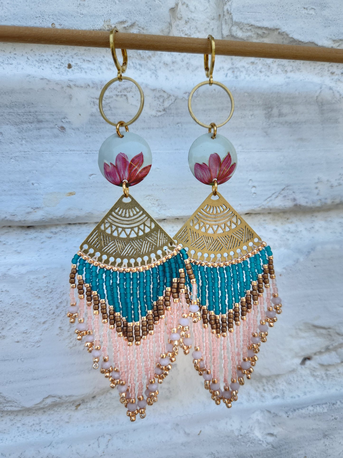 Teal & Pink Beaded Fringe Earrings with Vintage Tin Flowers – Wanderlust  Designs Jewelry