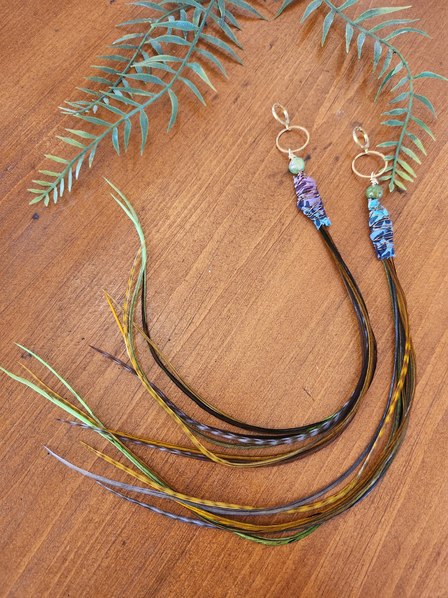 Purple, Green, and Brown Fearher Earrings