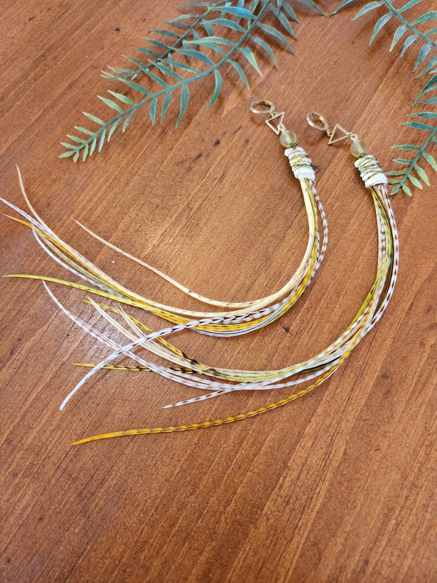 Yellow and Green Feather Earrings
