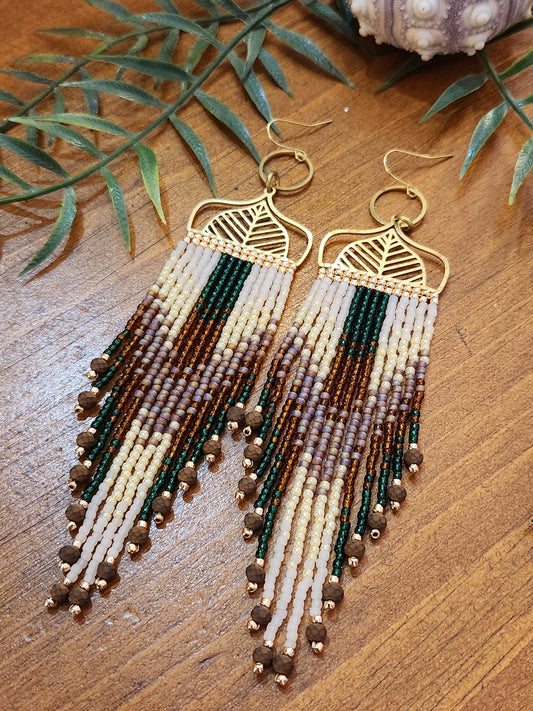 Crescent Moon Earrings with Black and Silver Beaded Fringe