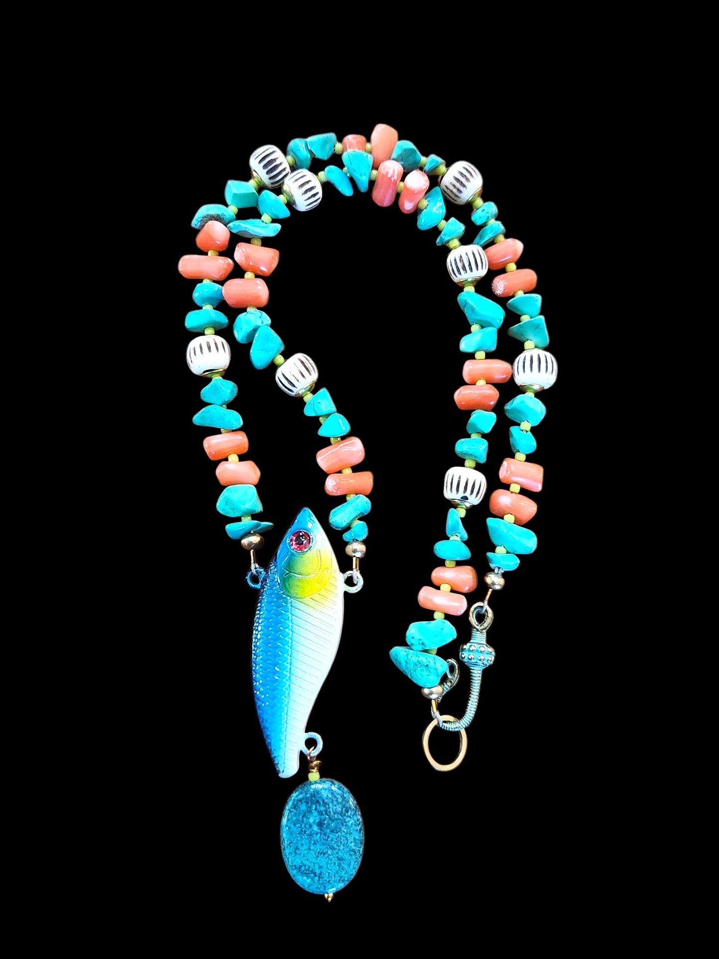 Fish Lure Necklace with Turquoise and Coral