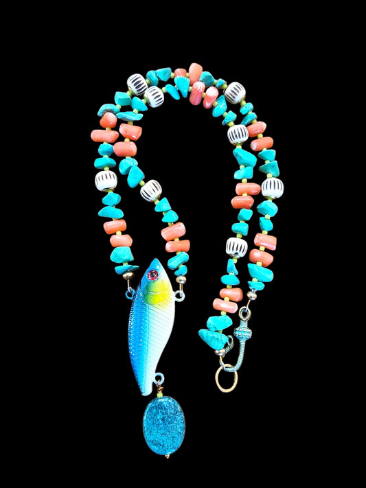 Fish Lure Necklace with Turquoise and Coral