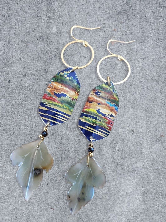 Asian Imagery Tin with Vintage Hand Carved Jade Leaves