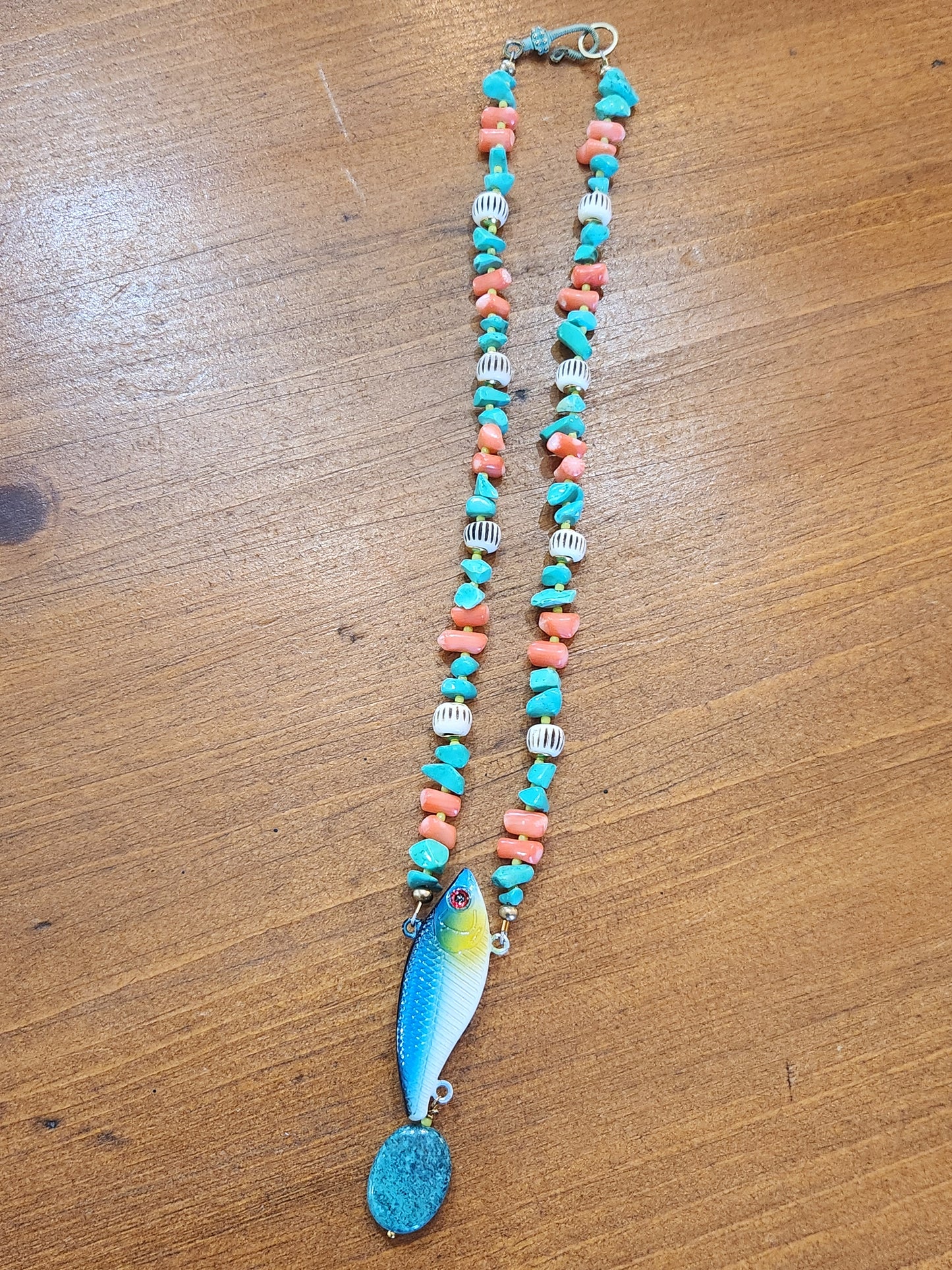 Fish Lure Necklace with Turquoise and Coral
