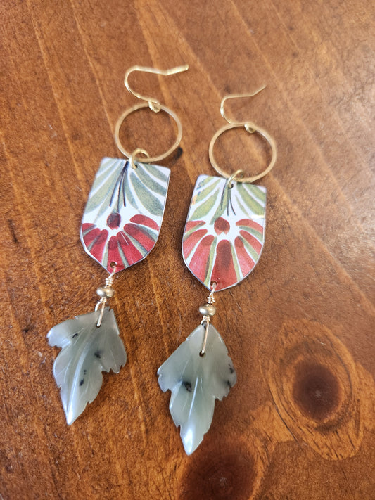 Red Florals with Hand Carved Vintage Jade Leaves